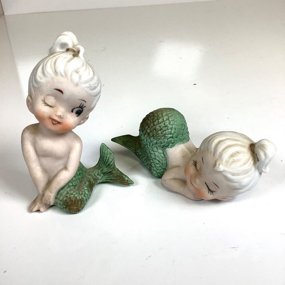 Kenmar Sleeping & Winking Mermaid Set Ceramic Figurine 50s Bluish Green JAPAN